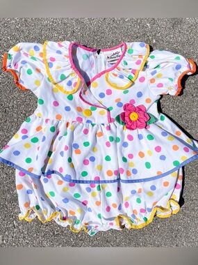 Vtg 80s Baby Togs Polka Dot Romper 24M 11.75x17.75 Ruffle Peter Pan Collar